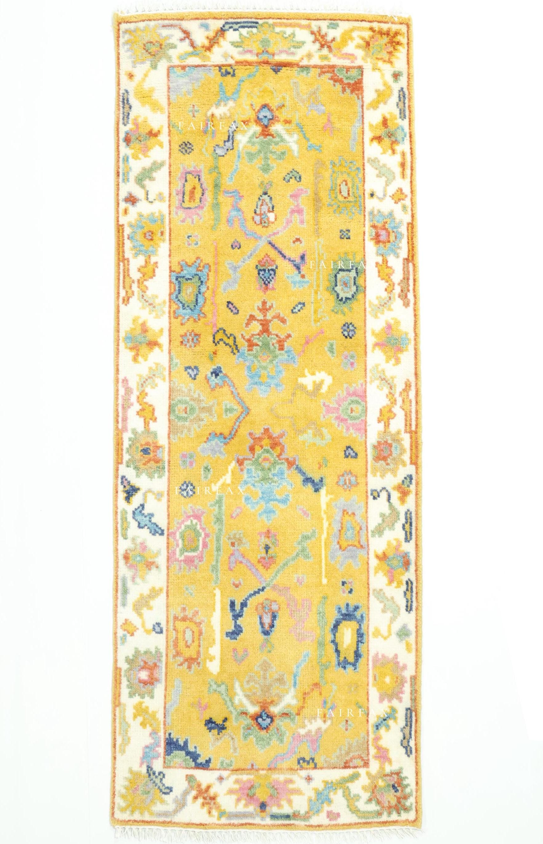 Grand Tapis Vintage Noué Main – 378x287cm, Laine 100%, Motif Persan, Moutarde Doré (pièce Unique)