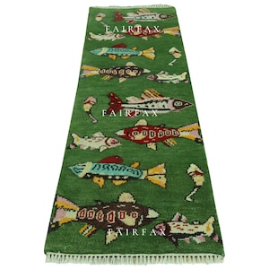 Hand-Knotted Wool Fish Runner Rug: Playful Ocean Theme, 2x6 ft