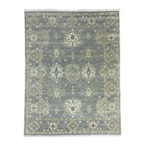Hand-Knotted 8x10 Wool Area Rug: Blue Ivory Oushak Carpet