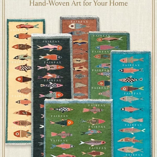Alfombra de lana anudada a mano con diseño de peces / Alfombra costera Koi / Alfombra artística caprichosa en verde, crema y negro