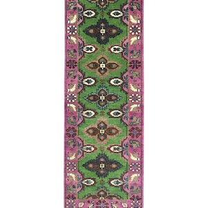 2x6 ft Green Pink Runner Rug | Medallion Hallway Runner | Handmade Wool Rug | Boho Vintage Style Entry Rug | Home Decor Rug