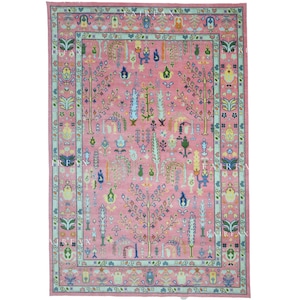 Handmade Pink Oushak Wool Rug: Modern Oriental Carpet