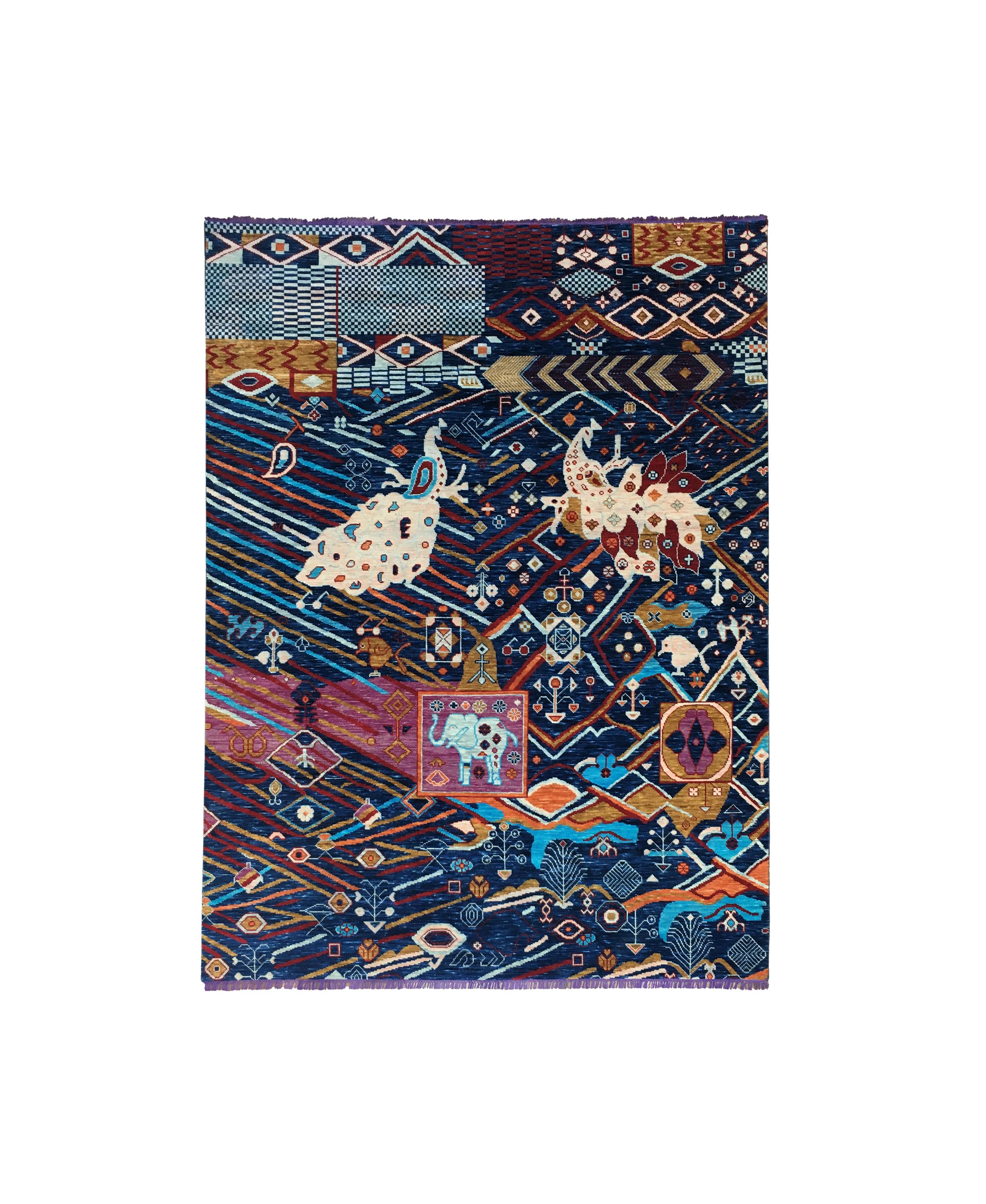 Handknotted Tribal Wool Rug: Colorful Boho Animal Design 9x12 ft