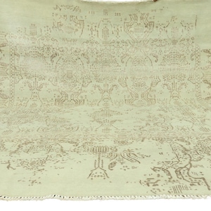 Hand-Knotted Wool and Silk Rug 8x10: Beige Distressed Modern Design