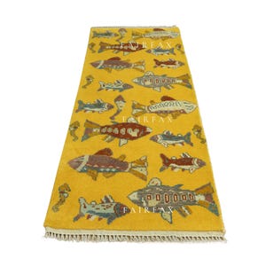 6 ft Fish Runner Rug | Hand-Knotted Wool Hallway Rug | Whimsical Ocean Theme Carpet | Playful Coastal Decor | Yellow Nautical Kids Room Rug