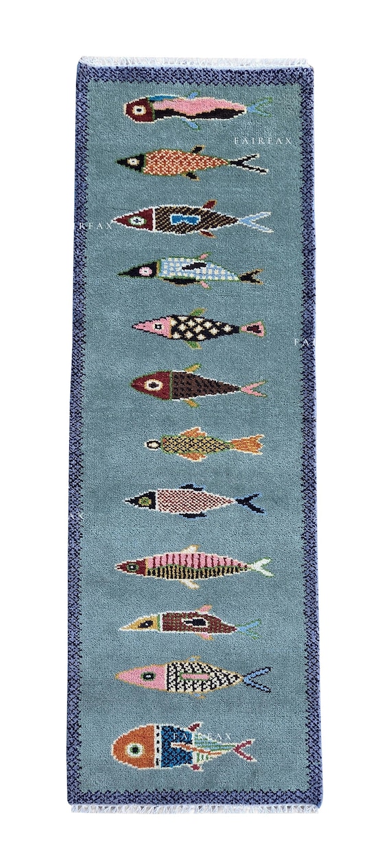 Hand Knotted Fish Runner Rug – Handmade Wool Area Rug, Coastal Blue KOI Carpet
