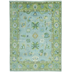 Sage Green Oushak Rug: Hand-Knotted Wool Turkish Style Carpet