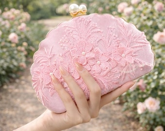 Embroidered lace clutch with 3D floral shell design — bridal wedding clutch | White, pink, lilac, red | Gold shoulder strap | Bridal bag