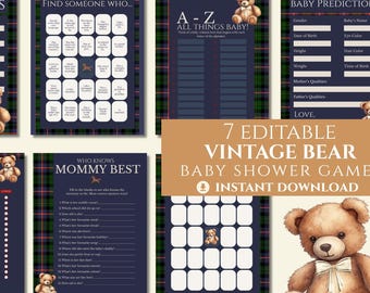 Vintage Bear Baby Shower Games Digital Download Template Printable, Blue plaid Ralph Lauren theme baby shower games