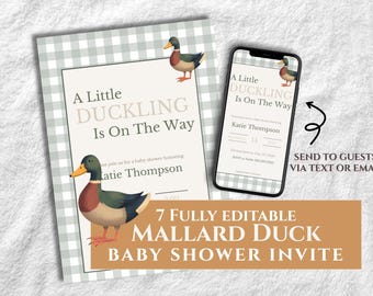 Mallard Duck Baby Shower Invitation, Vintage Duck theme invitation, Baby Shower Duck Card, Hunting baby shower invite, boy baby shower idea