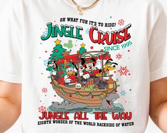 Leuke vintage jungle cruise ride backside of water kerstt-shirt, Mickey en vrienden jingle cruise Disneyland familie kersttrui