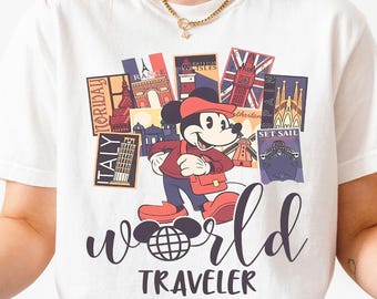 Koszulka Disney Epcot World Tour Comfort Colors, Myszka Miki Flagi Narodów w stylu vintage z lat 90., koszulka unisex WDW, koszulka podróżna Myszka Miki