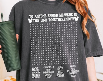 Camiseta interactiva divertida de Disney Comfort Colors®, camiseta Disney para papá, camiseta Disney con rompecabezas de espera en la fila, WDW Disneyland, camiseta Disney con sopa de letras