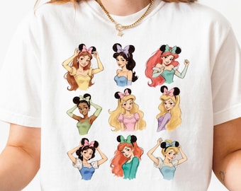 Disney Princess Belle, Tiana, Elsa, Anna, Jasmine, Ariel, Aurora, Raiponce, Blanche-Neige, Merida, Cendrillon, Mulan, Disney Haut avec oreilles de Minnie