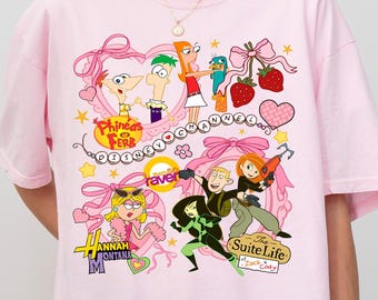 Disney Channel Characters Coquette Bow Bracelet Shirt,Suite Life T-Shirt,Phineas Ferb Tee,That's So Raven Shirt, Nostalgic Disney Sweatshirt