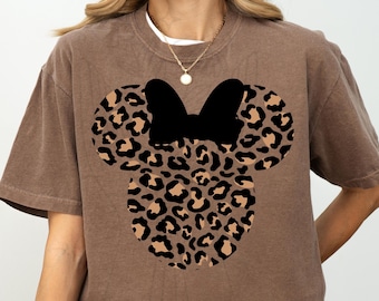 Comfort Colors® Leopardmönstrad Mimmi Pigg-tröja, Söt Disney mammatröja, Leopardmönstrad Minnie öron-tröja, Leopardmönstrad damtröja, Disney familjetröjor