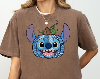 Comfort Colors® Disney Stitch Halloween Patchwork Kürbis Shirt, Halloween Stitch T-Shirt, Disney Halloween T-Shirt, Gruselige Saison Shirt