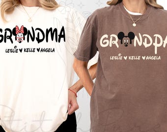 Aangepaste Disney oma shirt met kindernamen, bijpassende Disney familie-uitje T-shirt, opa oma custom shirt, Disney familievakantie 2025 Tee