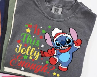 Camiseta "Is This Jolly Enough" de Comfort Colors®, camiseta navideña de Stitch, camiseta navideña de Disney, camiseta divertida de Stitch, camiseta de fiesta navideña, camiseta de Disney