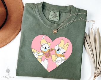 Comfortkleuren Disney Lover Valentine T-shirt, Daisy Duck & Donald Duck Heart-shirt, Disney-T-shirt koppel cadeau, bijpassend schattig liefdesshirt