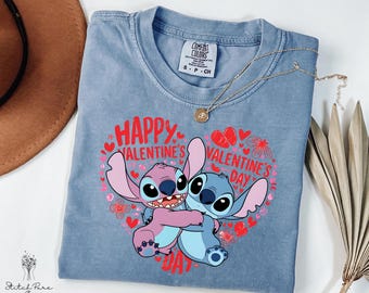 Camiseta de Stitch para San Valentín con colores cómodos, camiseta de Stitch y ángel de Disney para San Valentín, camiseta de San Valentín para parejas, camiseta de Disneyland