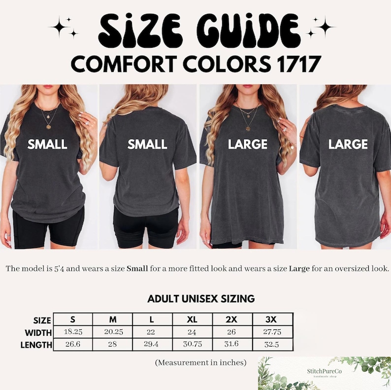Puede incluir: Imagen de gu&iacute;a de tallas para camisetas Comfort Colors 1717. La imagen muestra modelos que usan tallas Small y Large. Se incluye una tabla de tallas unisex para adultos, con medidas en pulgadas para las tallas S a 3XL. El texto de la imagen dice "SIZE GUIDE COMFORT COLORS 1717".