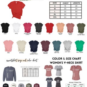 May include: A color and size chart for unisex and women's apparel. The chart includes a red t-shirt, a navy blue sweatshirt, and a pink v-neck shirt. The chart lists chest and length measurements in inches for various sizes and colors.