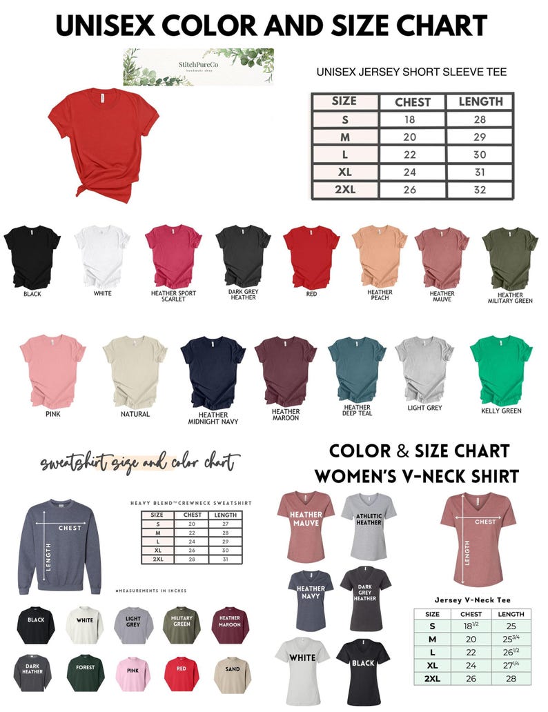 May include: A color and size chart for unisex and women's apparel. The chart includes a red t-shirt, a navy blue sweatshirt, and a pink v-neck shirt. The chart lists chest and length measurements in inches for various sizes and colors.