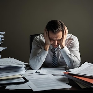May include: A person in a white shirt and tie sits at a desk, head in hands, surrounded by stacks of paperwork. The image conveys stress and the overwhelming nature of work, with piles of documents on the desk.