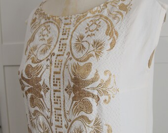 white and gold shift dress SALE Vintage Embroidered True Vintage Dress global-occasion-Occasion