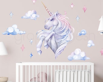 WATERCOLOR UNICORN LARGE wall decals - whimsical sticker interior decor for girls nursery