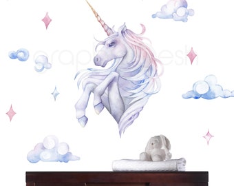 Wandtattoo Aquarell Einhorn: Mädchenzimmer Dekor, Innendekor, Abziehbild in Pastellfarben, Pastellfarben