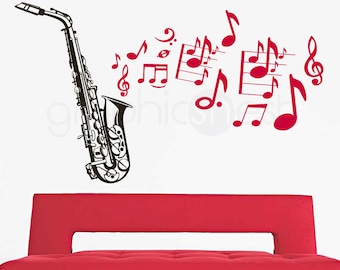 Wandaufkleber SAXOPHONE mit MUSIKNOTEN Abnehmbarer Vinyl-Aufkleber für die Innendekoration 41x68 Zoll