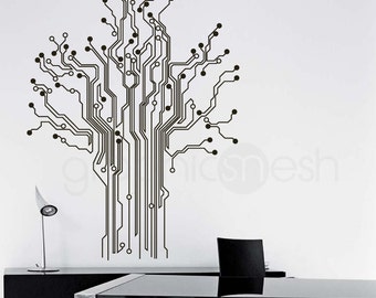 Circuit Board Tree WALL DECAL Removable abstract tech shapes decor for home & office