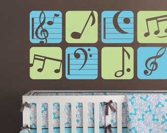 Wall decal BOXED MUSIC NOTES Colorful vinyl art stickers decor for nursery boys & girls byGraphicsMesh (Set of 8 - 11" each)