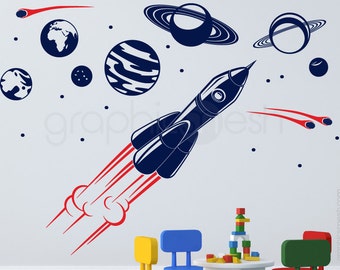 Wall decals SOLAR SYSTEM and SPACESHIP Interior art decor for nursery or boys bedroom by GraphicsMesh (small)