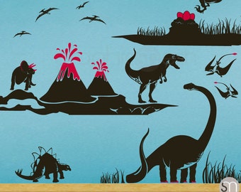 May include: A set of black dinosaur silhouette wall decals with red accents. The decals include a T-Rex, a Brachiosaurus, a Triceratops, a Pterodactyl, and two volcanoes.