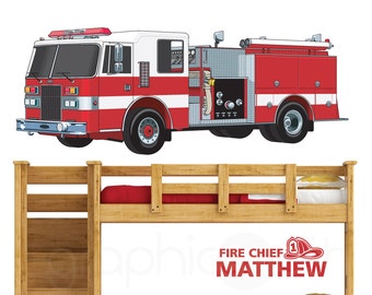 FIRE TRUCK and Fire Chief Personalized NAME wall decal - Custom nursery and kids room graphics