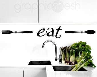 Wall decals "EAT" with fork and spoon - Vinyl lettering for Kitchen Dining decor