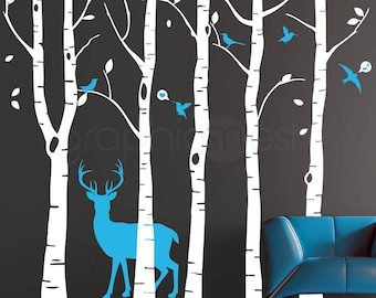 Wall decals Birch TREES + DEER + BIRDS Surface graphics Interior decor Woodsy forest nursery theme