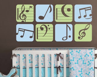 Wall decal BOXED MUSIC NOTES Colorful vinyl art stickers decor for nursery boys & girls byGraphicsMesh (Set of 8 - 13.5" each)
