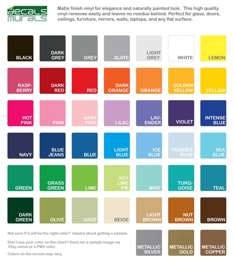 May include: Color chart with 60 different colors, including black, white, red, blue, green, yellow, orange, purple, brown, and grey. The chart is labeled "Decals Murals" and includes a description of the product.