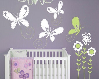 Wall decals STITCHED BUTTERFLIES & FLOWERS Surface graphics Interior decor by Decals Murals (Large)