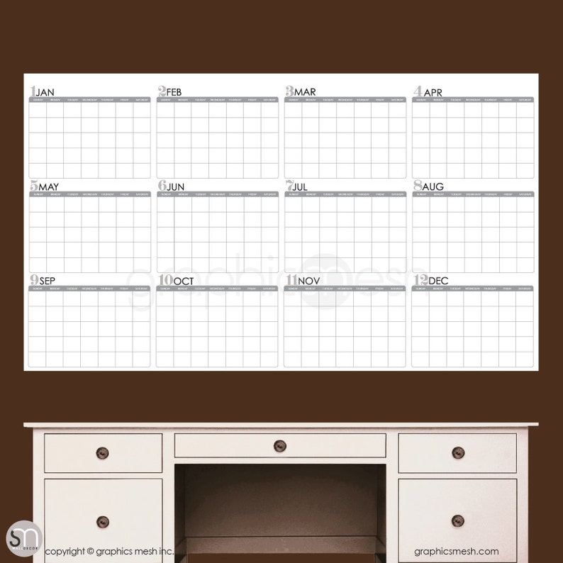 Dry erase wall decal YEARLY BLANK CALENDAR office interior Etsy