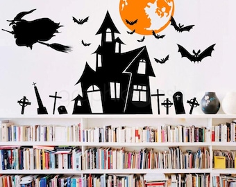 Wandtattoo Hexe: Gruselige Halloween-Szene, Vinyl-Material (mittlere und große Größen, waschbar, entfernbar)