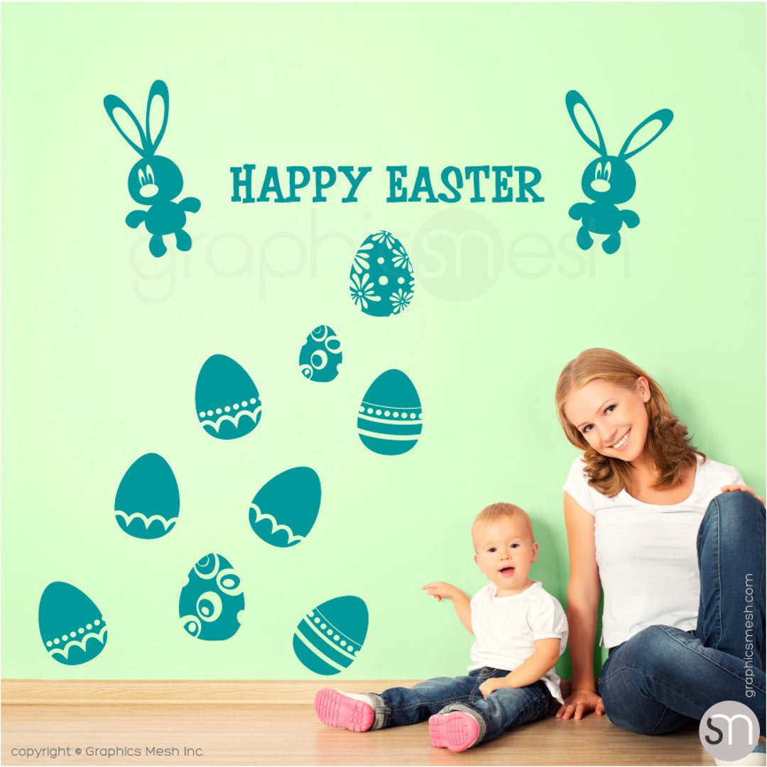 Easter Wall Decals HAPPY EASTER Bunny & Holiday Eggs Set - Removable ...