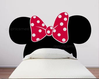 Minnie Mouse Inspired HEADBOARD Mickey ears with bow WALL DECALS by GraphicsMesh (Full size bed)