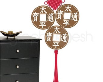 Chinesisches Glücksmünzen Wandtattoo | Feng Shui Reichtum Dekor | Lunar New Year hängende Verzierung | Wohlstand Symbol Asiatisches Wandtattoo