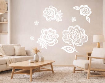 Neutrale Blumen Wandtattoos | Stickerei-Spitze Blumen | Beiges Kinderzimmer Wandtattoo | Vintage botanisches Dekor