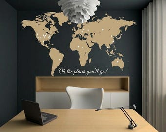 Weltkarte Wandtattoo mit Pins | Oh The Places You’ll Go Zitat | Reise Wand Kunst | Wanderlust Dekor | Kinderzimmer Map Sticker